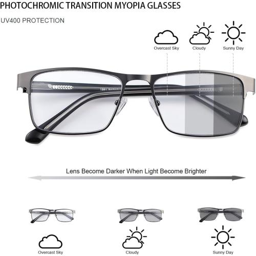 MIRYEA Photochromic Nearsighted Distance Glasses Transition Sunglasses For Men Women Retro Myopia Glasses Lightweight Negative Power Short Sighted Black Full Frame Eyewear Anit Glare UV400 Protection