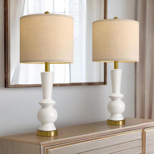 PORTRES 27 Modern Ceramic Table Lamp Set of 2 for Living Room White & Gold Bedside Lamps for Bedroom Nightstand Lamp Tall End Table Lamps