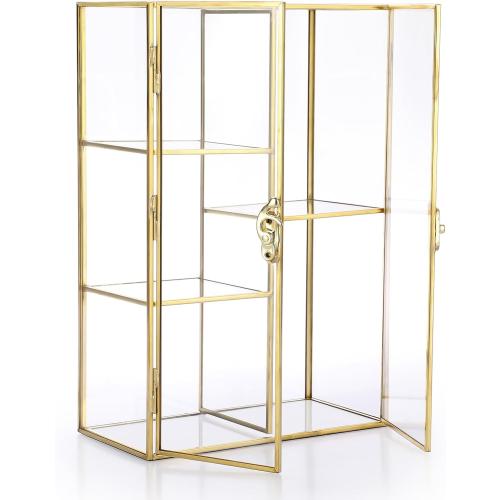 ELLDOO 5 Slots Clear Glass Storage Box, Gold Jewelry Makeup Display Organizer Case, Decorative Tower Box Storage for Trinket Perfume Lipstick Figure Statue Toy Display