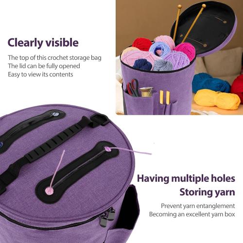 Knitting Bag Yarn Storage, Practical Crochet Bag Organizer with Lid, Portable Yarn Organizer Tote with Handle, Stylish Crochet Bags with Shoulder Strap for Knitting Supplies Crafting (purple)