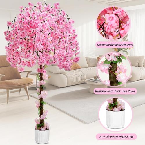 Artificial Cherry Blossom Tree, 6FT Height with 100 LED Lights, Faux Silk Plant in Pot for Home, Office, Wedding, Garden, Party, and Hotel Decorations (Pink, 6FT)