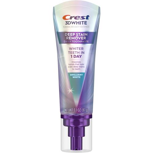 Crest 3D White Deep Stain Remover Brilliant White Toothpaste, 3.1 oz (Pack of 2), Whiter Teeth in 1 Day, Enamel Safe Fluoride Toothpaste for Fast Stain Removal and Prevention