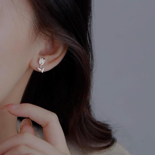 Sterling Silver White Chalcedony Tulip Flower Stud Earrings