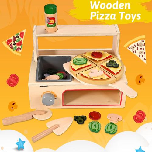 Wooden Pizza Toy, Wooden Pizza Counter Playset with Bake Oven, Montessori Pretend Play Toys, Play Food and Accessories, Cooking Pretend Play Toys for Boys Girls Age 3