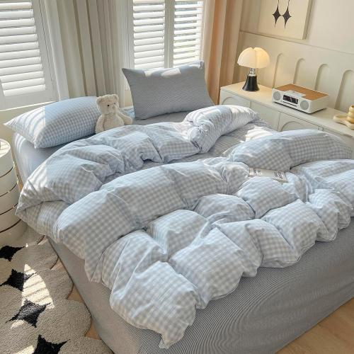 LifeTB Blue Gingham Comforter Set Queen Size Modern Style Plaid Checkered Comforter with 2 Pillowcases Fluffy Soft Grid Bedding Set Farmhouse Gingham Bedding Comforter Set for All Seasons