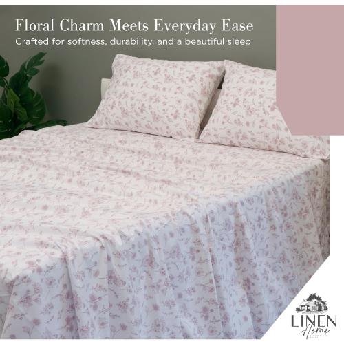 Linen Home 100% Cotton Printed Percale Sheet Set , Mauve Botanical