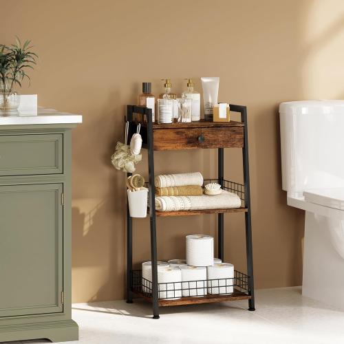 Gewudraw 3-Tier Bathroom Ladder Shelf with Storage Drawer, Rustic Brown