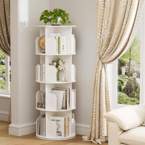 DUMOS 4 Tier Rotating Bookshelf Tower, Round Spinning Bookcase Lazy Susan