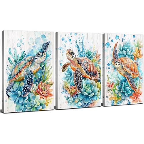 Sea Turtle Wall Decor Teal Ocean Beach Bathroom Wall Art Succulent Pictures Coastal Room Decor Nautical Canvas Paintings Abstract Sea Turtles Theme Posters Artwork Home Bedroom Decoration 12x16” 3Pcs