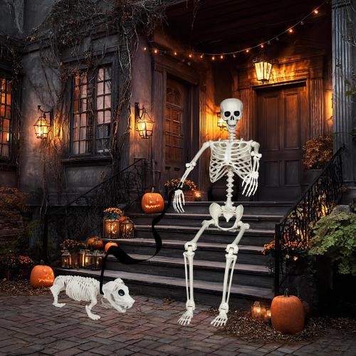 NEROSUN  Halloween Skeletons Decoration, Posable Life Full Size Skeleton with Dog Skeleton, Realistic Plastic Human Bones for Halloween Props Haunted House Graveyard Party Decor