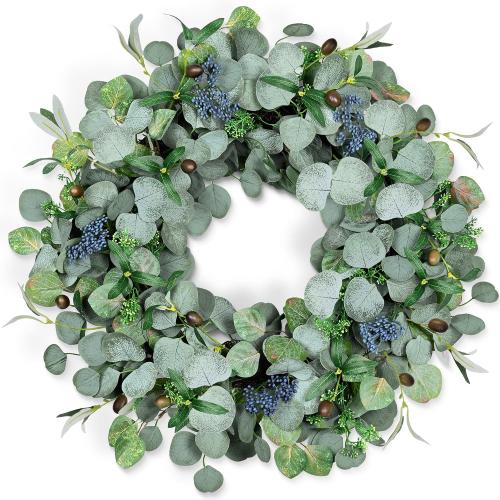 24 Inch Eucalyptus Wreath with Olive Leaves and Berries | Handmade, Waterproof, Rattan base, Lush, Artificial, for Home Outdoor Indoor Farmhouse, All Seasons