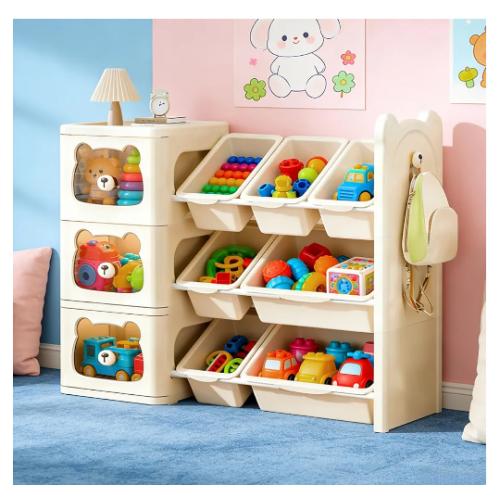 Children's Toy Storage Organizer with 3 Drawers and 7 Bins, Large Kids Toy Chests, Removable Kids Storage Bins Bookshelf, Bear Shape Children's Storage Rack, Toy Organization for Kids' Playroom