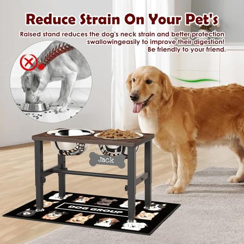 SHAINFUN Elevated Dog Bowls with Slow Feeder & Mat for Medium and Large Dogs, 12 Tall Adjustable Wooden & Metal Raised Dog Bowl Stand, 2 Stainless Steel 58oz Bowls for Food & Water