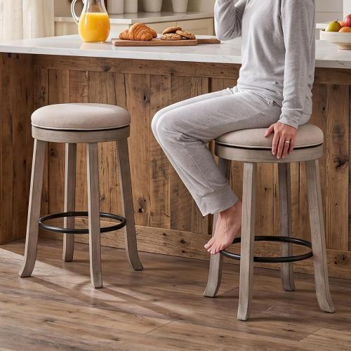 LukeAlon Farmhouse Linen Fabric Round Bar Stools Set of 2, 360° Swivel 25.6” Counter Height Stools with Solid Wood Legs Backless Low Barstools with Footrest for Home Bar Kitchen Island, Beige