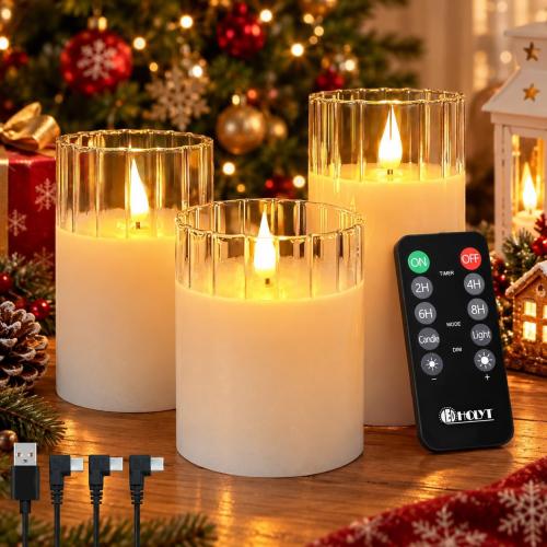LEDHOLYT Rechargeable Flameless Glass Pillar Candles – Remote & Timer – Set of 3 White Stripes Realistic Flickering LED Light, Ideal for Living Room, Bedroom & Holiday Décor& Gifts for Women