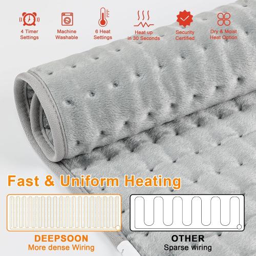 Deepsoon Heating Pad,Electric Heating Pads for Back,Neck,Abdomen,Moist Heating Pad for Shoulder,Knee,Arms,Legs,Dry/Moist Heat & Auto Shut Off,Christmas Gifts for Men and Women, Gray,24x12 Inch