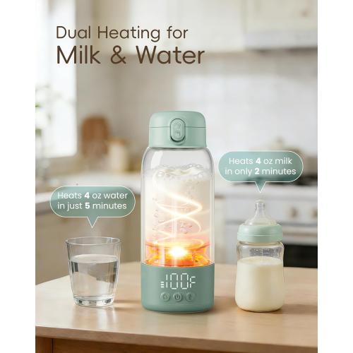 Portable Bottle Warmer for Travel, Baby Milk Warmer with Fast Heating & Long Battery Life, 17 Ounces Large Capacity Bottle Warmer with Long-Lasting Keep Warm Function (Green)