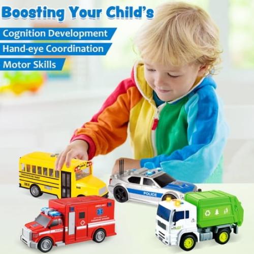 JOYIN 4 Pcs 7 Long Vehicle Toy Set, Toddlers Cars with Lights and Siren Sound,Birthday Party Gifts Toys for Boys 3-5