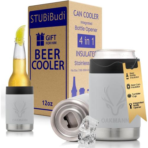 OAKMANN Stainless Steel Beer Cooler With Bottle Opener, Vacuum Insulated Can Cooler 12 oz for Bottles Cans, 4-in-1 Universal Insulator Coozy for Bottles Cans, Beer Gifts for All (Mist Grey)