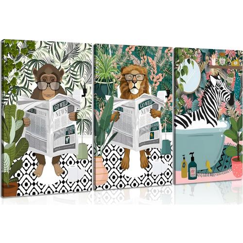 3Pcs Jungle Animal Bathroom Canvas Wall Art Zebra in Bathtub Pictures Lion Monkey on Toilet Reading Newspaper Paintings Funny Forest Animal Posters Prints for Restroom Wall Decor Framed