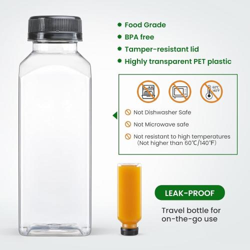 24 PACK, 12 OZ Reusable Thicker Plastic Juice Bottles with Caps, Leakproof