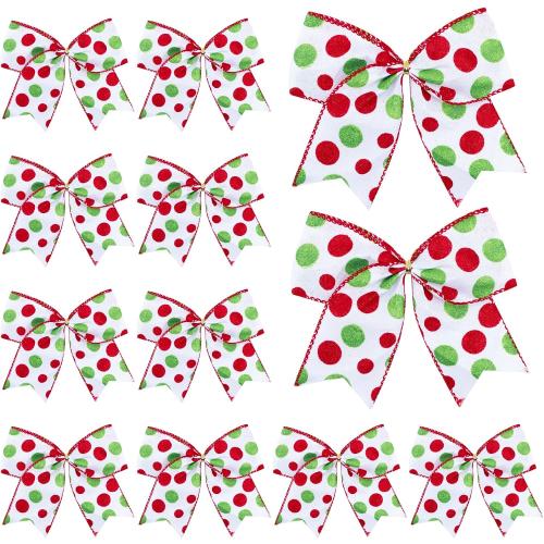 DIYDEC 12pcs Christmas Bows Decoration 6.3 Inch Large Christmas Wreath Bows Red Green Xmas Tree Bow Glitter Dot Bows Ribbons Ornaments for Garland Wedding Home Holiday Party