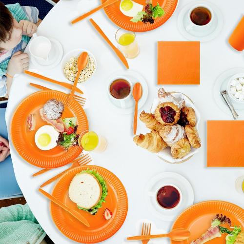 210pcs Orange Paper Plates Disposable Tableware Party Supplies- Includes 9 Dinner Plates, 7 Dessert Plates, 9oz Paper Cups, Napkins, Plastic Forks, Knives And Spoons For All Holiday Parties