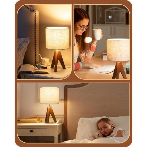 14.2 in. Light Brown Wooden Base Table Lamp Set with Beige Shade and Tripod (Set of 2)