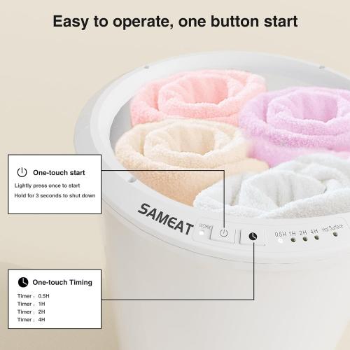 SAMEAT Heated Towel Warmers for Bathroom - Large Towel Warmer Bucket, Wood Handle, Auto Shut Off, Fits Up to Two 40X70 Oversized Towels, White