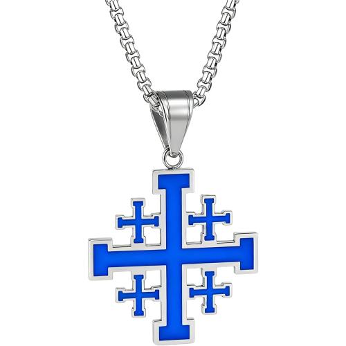 Jerusalem Cross Necklace, Crusader Templar Cross Pendant Necklace, Stainless Steel Cross Biker Necklace for Men Women