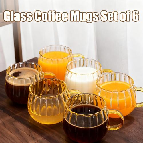 Viovian 12oz Clear Glass Coffee Mugs Set of 6 Ribbed Coffee Cups With Handles Modern Cute Glass Tea Mug Cup for Hot Beverage/Cappuccino/Latte/Cereal/Yogurt/Mocha/Milk