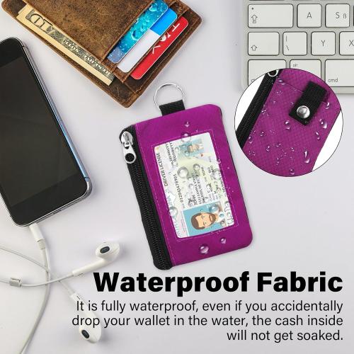 Minimalist RFID Wallet with Lanyard, Multi-Functional ID Case with 2 Zipper Pockets and Key Chain for Men and Women, Tactical Badge Pouch Cards Holder, Coin Purse for Travel Sports - Rose