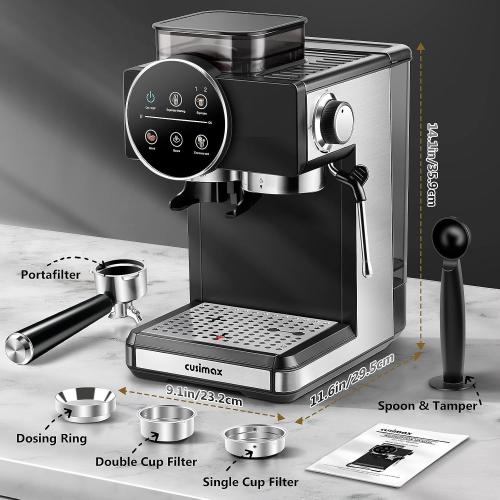Espresso Machine with Grinder, 20 Bar Professional Expresso Coffee Machines with Milk Frother Steam Wand, Espresso Maker with 60oz Removable Water Tank, Cappuccino & Latte Machine for Home (Black)