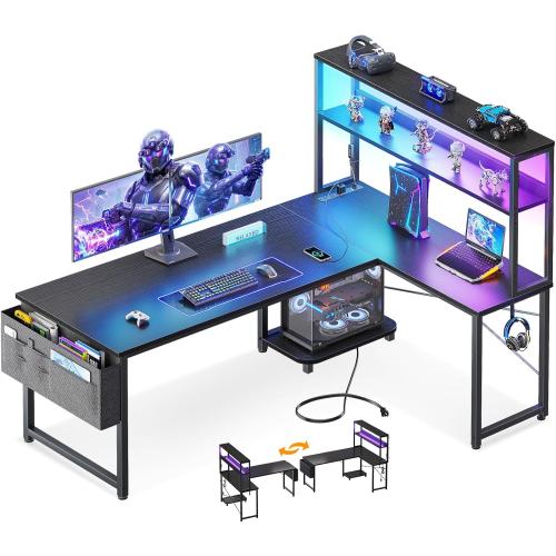 ODK 53 L Shaped Gaming Desk with Shelves, LED & Outlets, Black