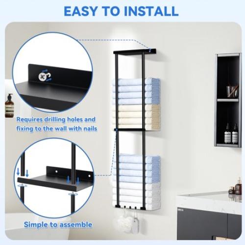 Towel Racks for Bathroom HONEIER 3 Tier Towel Holder with Shelf & 6 HooksWall Mounted Vertical Rolled Towel Storage Organizer Holder Towel Shelf Organizer for Toilet, Black