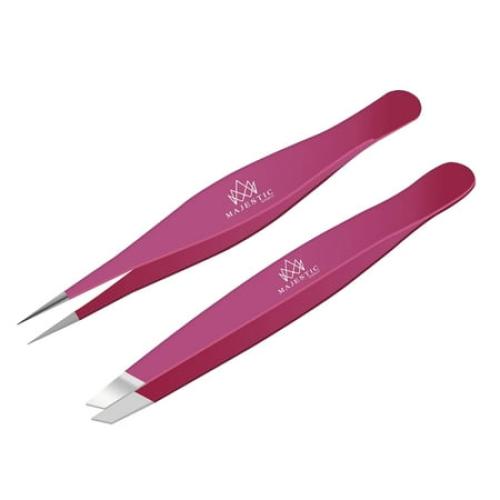 Majestic Bombay Pointy Slanted Tweezers for Women Sharp Tweezers for Hair Removal, Pink, 2 Pack