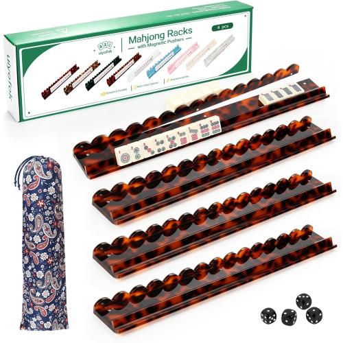 Mahjong Racks with Magnetic Pushers, Set of 4, 20 Inch Orange Tortoise Premium Thickened Acrylic Scalloped Mahjong Racks with Pushers for American Mahjong, Gift for Mahjong Lovers