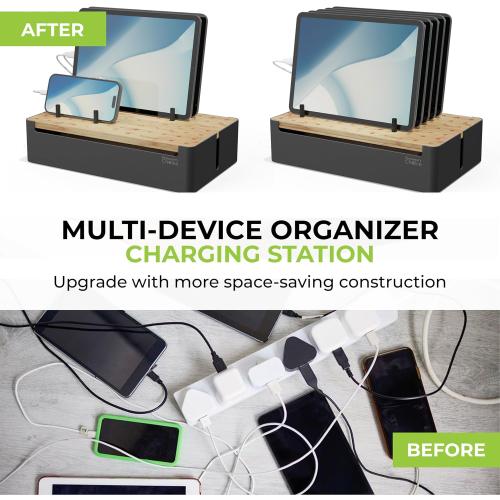 Prosumer's Choice Bamboo Charging Station for Multiple Devices - Wood Device Dock, Organizer Suitable Apple & Android Cell Phone, Tablet, iPad Cables Not Included, Metal & Bamboo Black