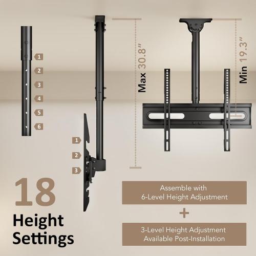AX WABER Ceiling TV Mount Adjustable Bracket for 26-65 inch LCD LED OLED 4K TVs, Pole Ceiling Mount Holds up to 110lbs,Hanging tv Mount Max VESA 400x400mm (AX11TB01), Black