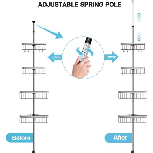 ESSEME Corner Shower Caddy Tension Pole: Adjustable Rustproof 4-Tier Inside Bathroom Organizer - 47-121 inch Quick Installation Bathtub Shelves for Shampoo Storage - Rod Floor Standing Bath Rack