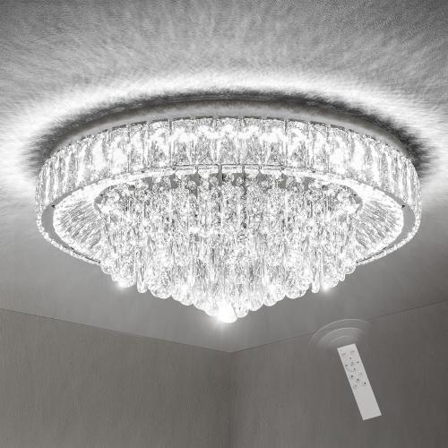 Modern Dimmable Led Crystal Chandelier: Flush Mount Crystals Ceiling Light with Remote - 24 Silver Ceiling Lighting Fixtures Round Crystal Chandeliers for Dining Room Bedroom Living Room Entryway
