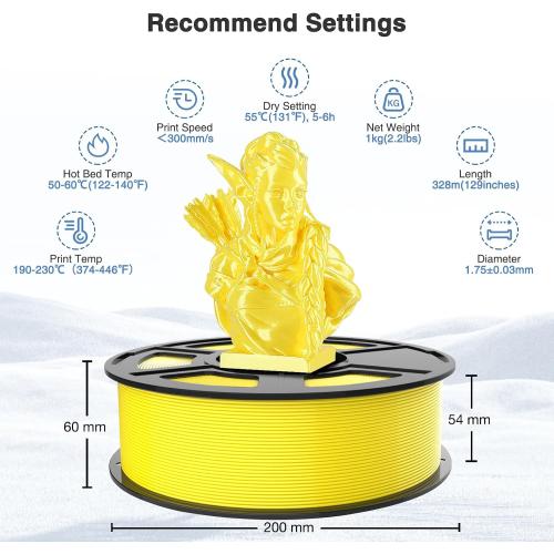 Yellow Silk PLA Filament 1.75mm High Gloss 3D Printer Filament 1kg