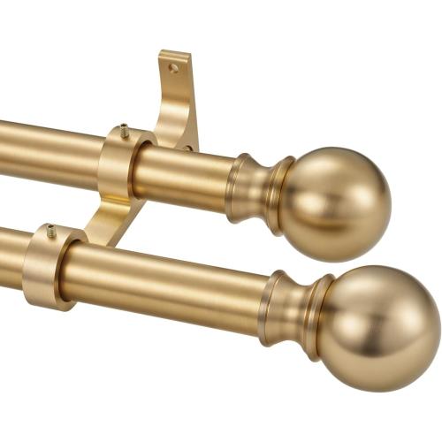 Double Window Curtain Rods, 1Inch Back and Front Rod, 72-144” Adjustable Length, With Same Size Round Finials Dual Curtain Rod, Warm Gold