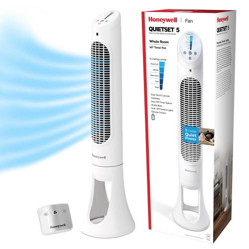 Honeywell 40 inch Bedroom and Living Room White Oscillating QuietSet Tower Fan with 5 Levels of Quiet Remote Control and Powerful Airflow for Fast Whole Room Cooling HYF260W