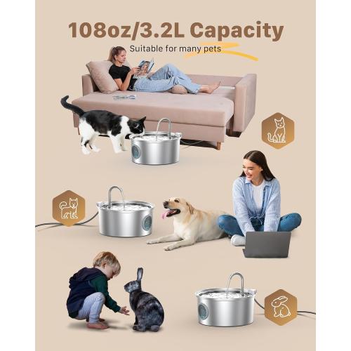 Cat Fountains for Drinking Stainless Steel: 108oz/3.2L Cat Water Fountain