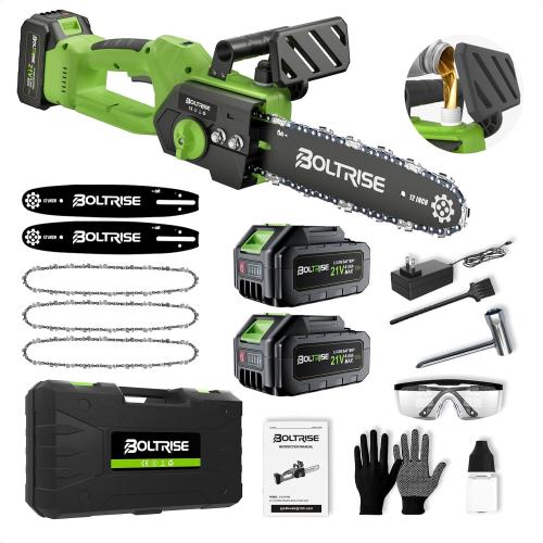 12 Inch Cordless Brushless Electric Chainsaw, 2 × 4.0mAh Batteries & Auto Oiler Security Lock, 32.81FT/S Powered Compact HandHeld Chain Saw, for Tree Trimming, Wood Cutting Garden, Pruning