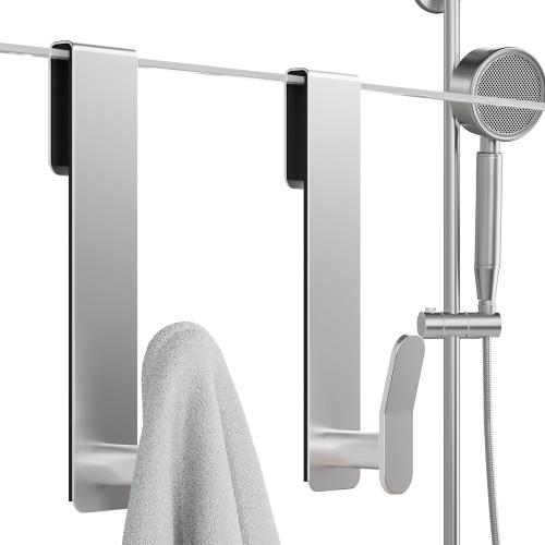 Aikzik Shower Door Hooks, Extended Towel Hooks for Frameless Glass Shower Doors, Modern Stainless Steel Over Door Hangers for Towels and Bathrobes, Heavy Duty Rustproof Bathroom Hooks, Silver 2-Pack