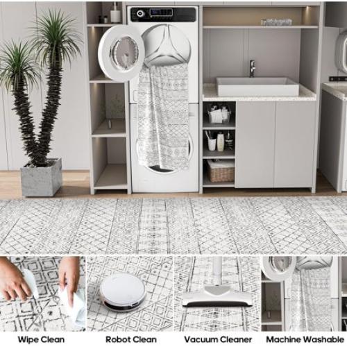 YOUFORTONG 2x6 Washable Hallway Runner Rug, Moroccan Non Slip Low Pile Waterproof Carpet for Entryway Kitchen Laundry, Geo Grey