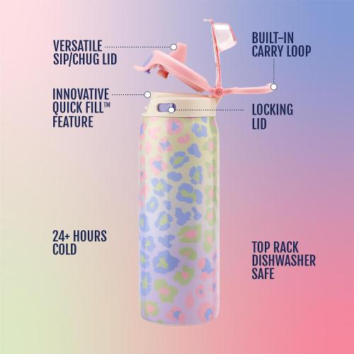 Ello Kids Pop & Fill 18oz Stainless Water Bottle, Sip or Chug, Cheetah