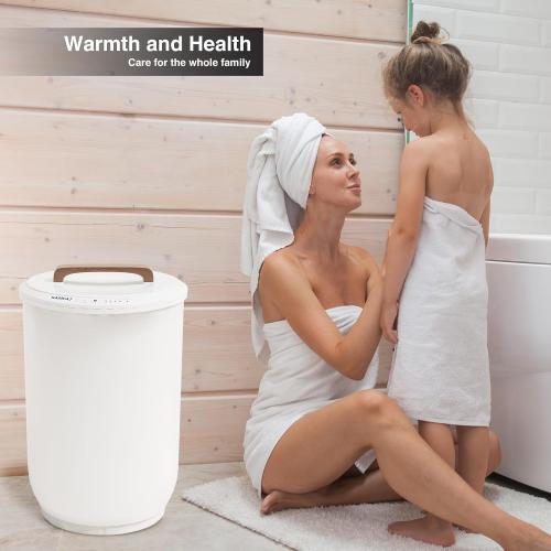 SAMEAT Heated Towel Warmers for Bathroom - Large Towel Warmer Bucket, Wood Handle, Auto Shut Off, Fits Up to Two 40X70 Oversized Towels, White